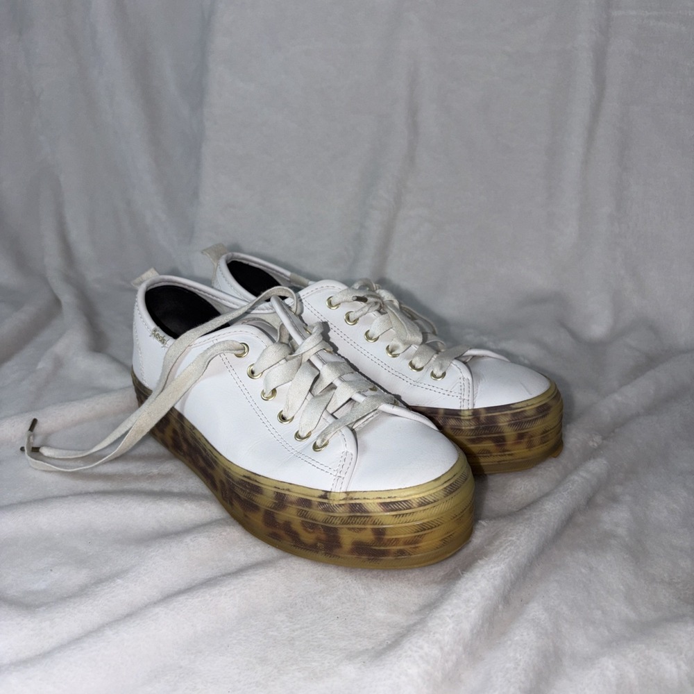 Keds x Wonder Woman Triple Up Leather Platform Sneakers White Leopard Sole 8.5